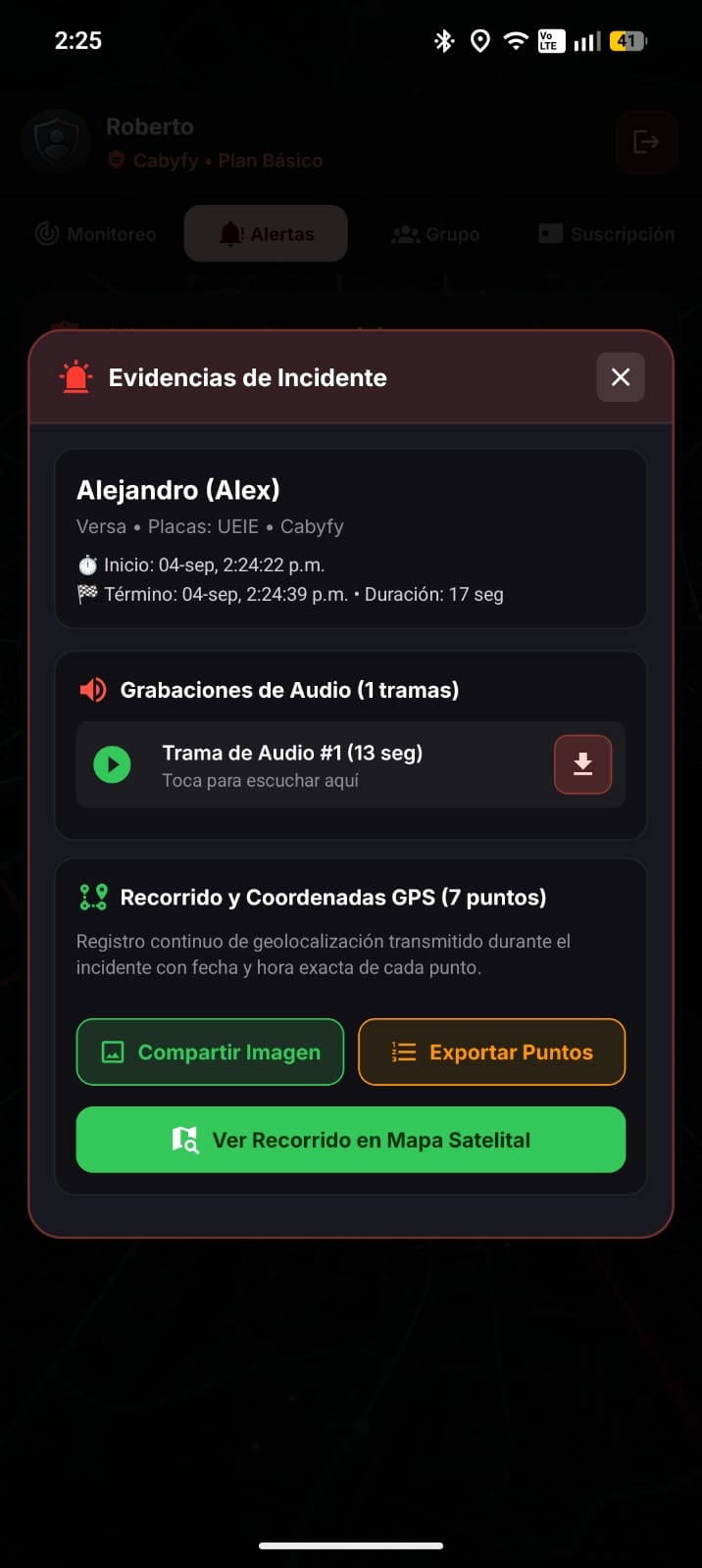 Descarga de Evidencias Admin CabyGuard